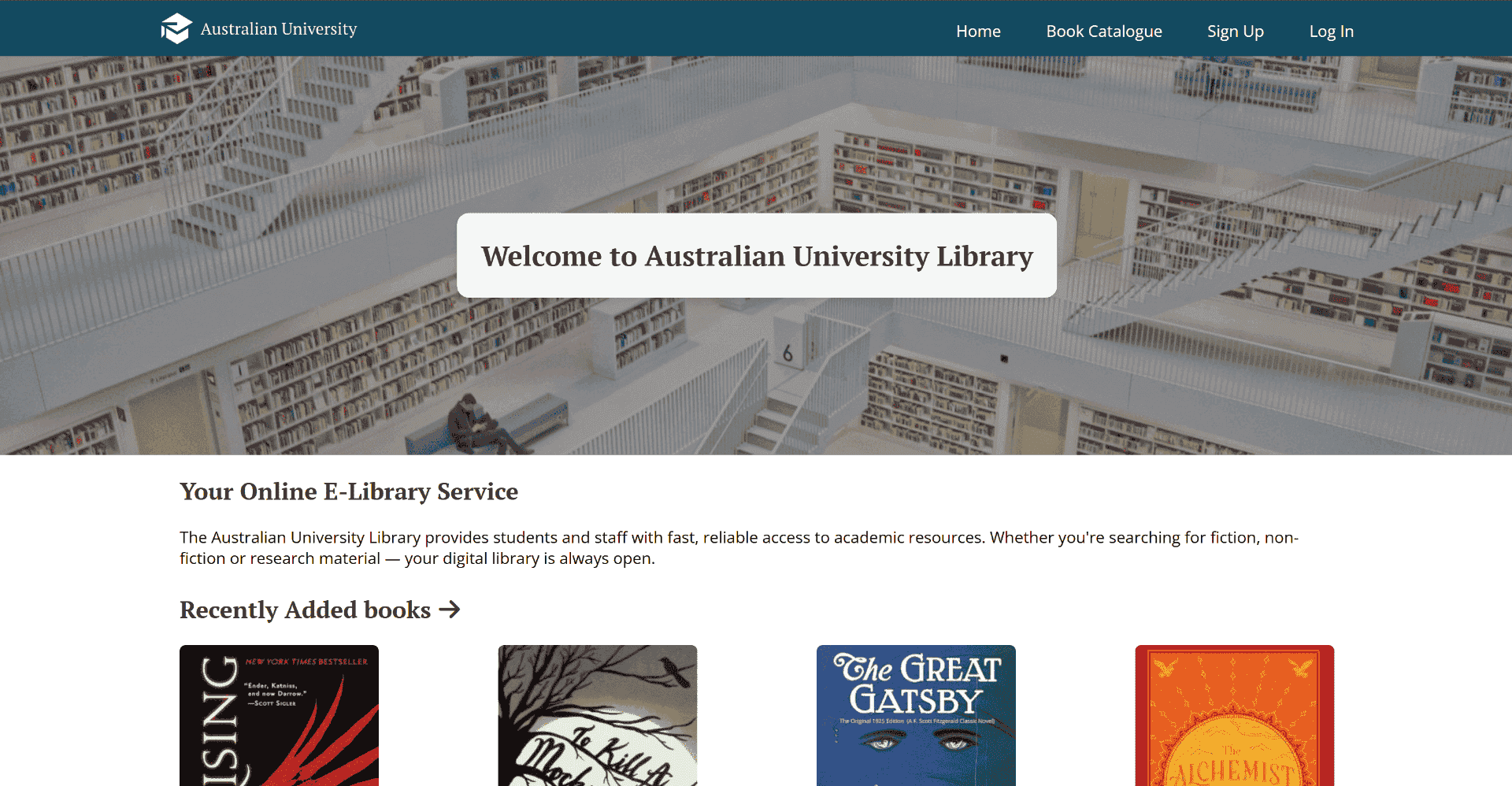 Screenshot of the landing page of Australian University Library Management System project