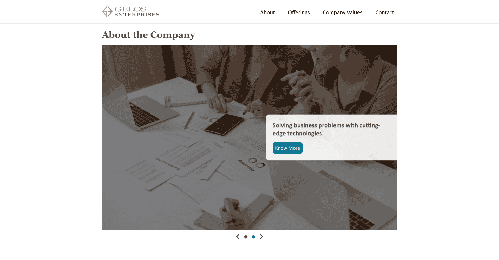 Screenshot of landing page of Gelos Enterprises project